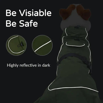 waterproof dog raincoat with reflective strip for nighttime visibility, adjustable straps, and secure fit