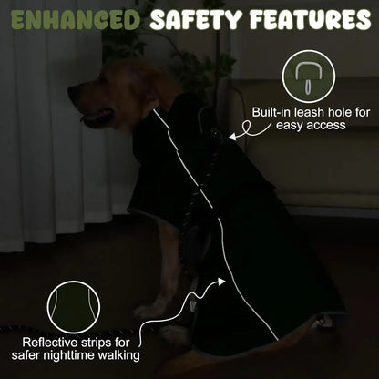 waterproof dog raincoat with reflective strips, built-in leash hole, adjustable fit for safer nighttime walking