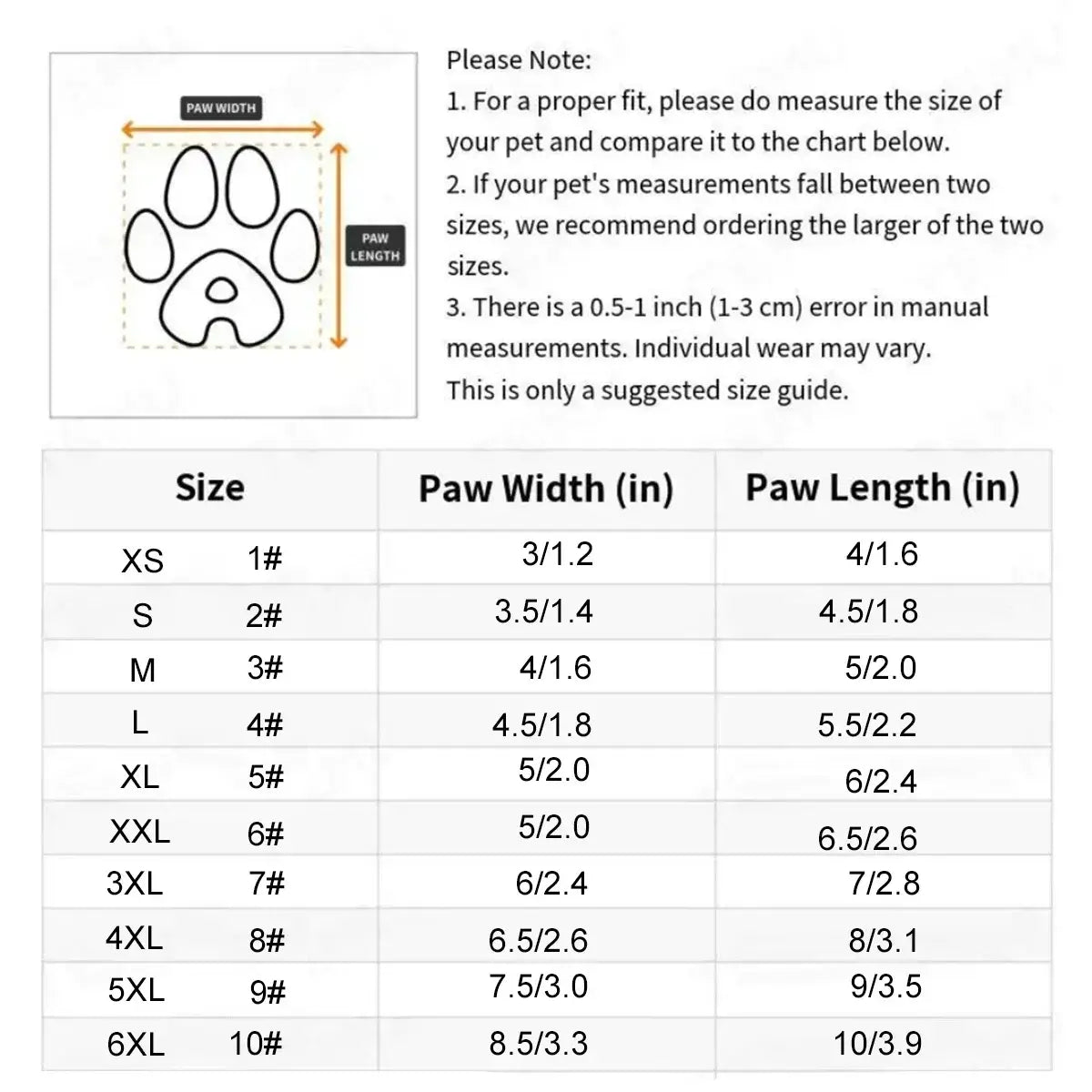 water-resistant dog shoes for large dogs size chart showing paw width and paw length measurements for proper fit