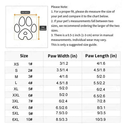 water-resistant dog shoes for large dogs size chart showing paw width and paw length measurements for proper fit