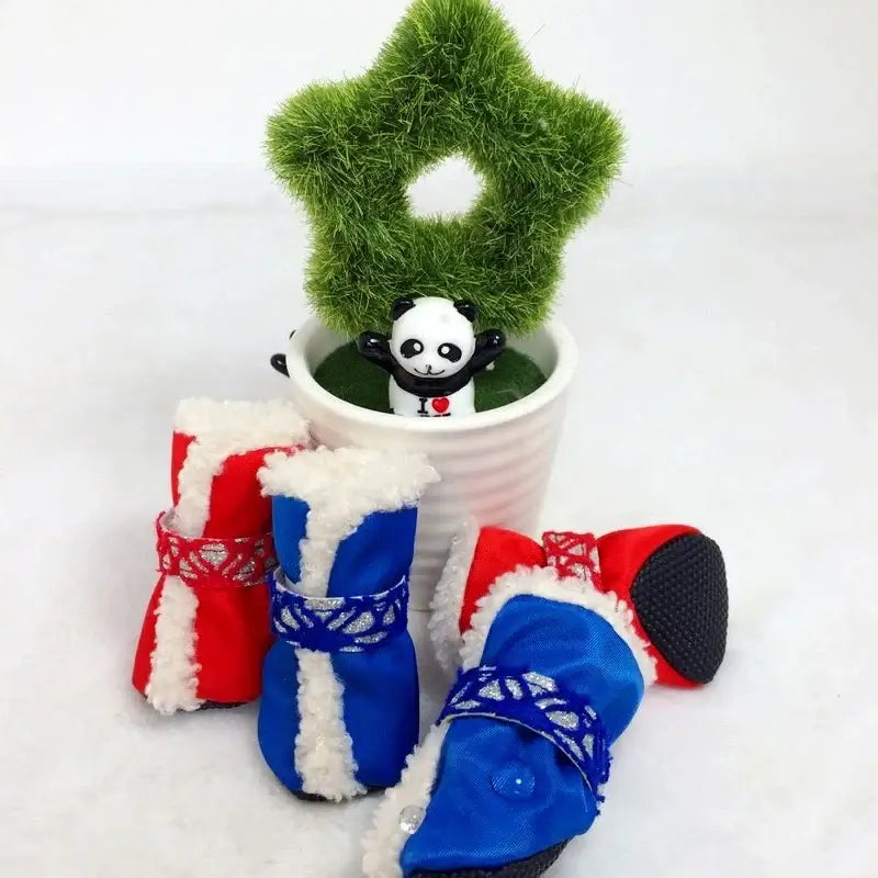 waterproof winter dog shoes for small pets, 4-piece anti-slip snow boots with red and blue fleece lining
