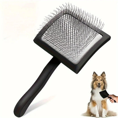 Dog Slicker Brush for Grooming Doodle Hair, Extra Long Pin Poodle Brush for Shedding on display with a dog.