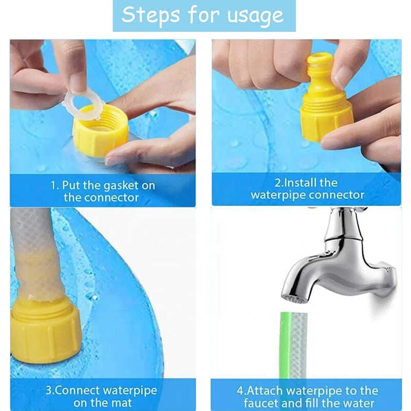 Steps for using the outdoor dog swimming mat splash pad, including installation of waterpipe connector.