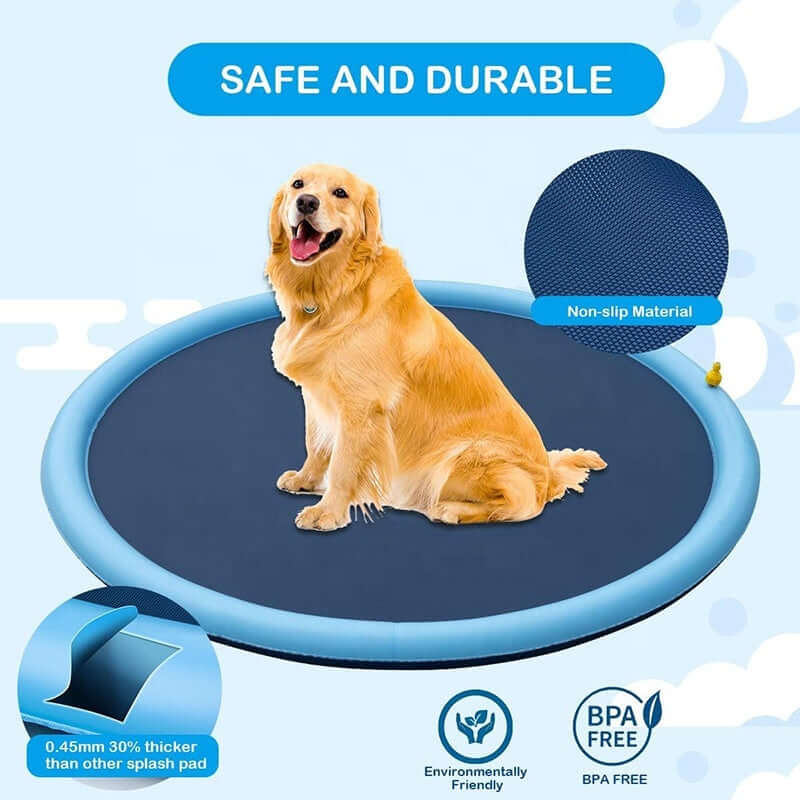 Dog on an outdoor dog swimming mat splash pad, featuring a non-slip design and environmentally friendly materials.