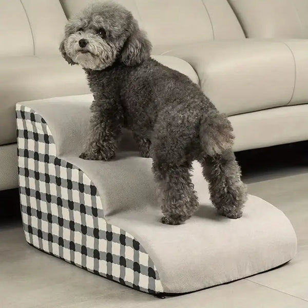 dog stairs for senior pets with a fluffy gray dog standing on them, aiding pets to reach higher surfaces.