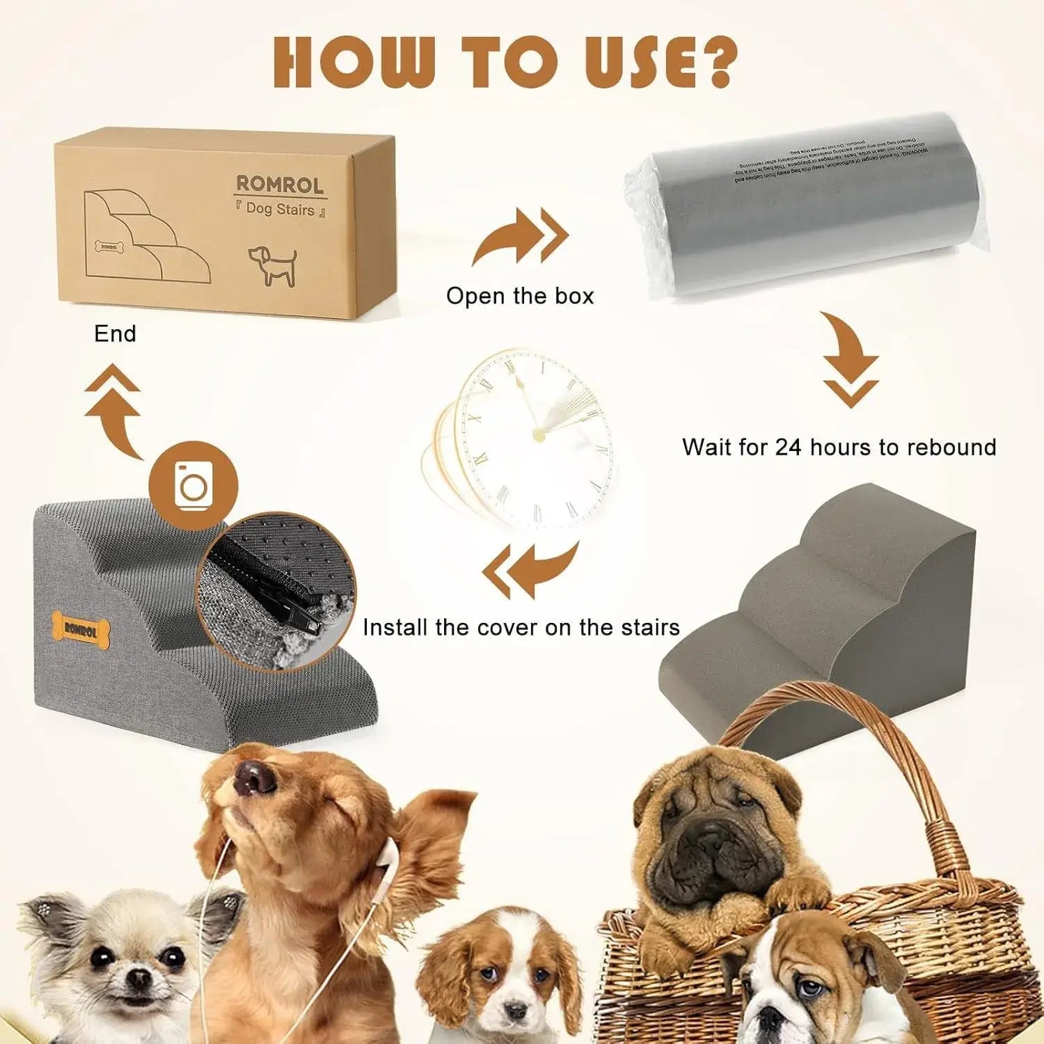 Step-by-step guide on using the dog safety ramp for elderly pets with foam stairs, featuring illustrations and instructions.