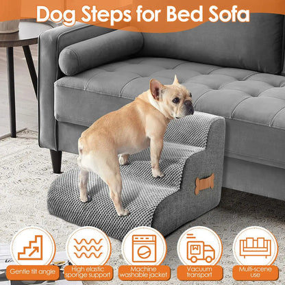 dog safety ramp for elderly pets with a dog on soft steps beside a sofa for easy access