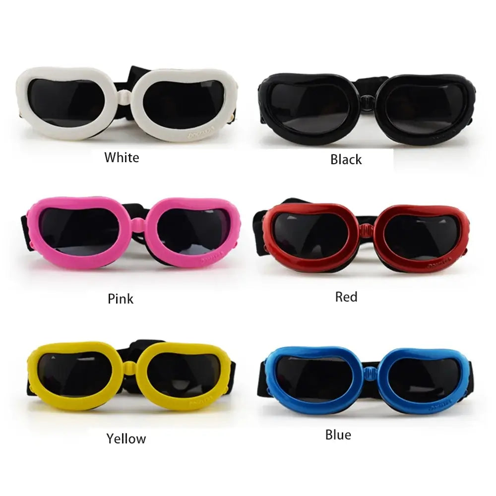 dog sunglasses for small dogs in white, black, pink, red, yellow, and blue with adjustable strap