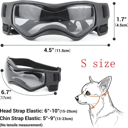 Adjustable dog sunglasses for small breeds, soft UV protection pet goggles with elastic straps, S size dog riding glasses