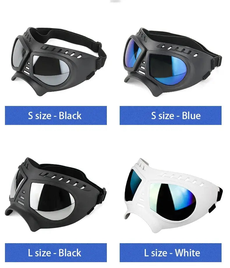 dog sunglasses with UV protection for small and large dogs in black, blue, and white