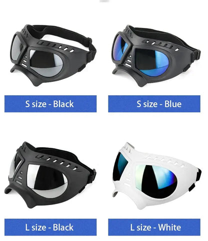 dog sunglasses with UV protection for small and large dogs in black, blue, and white