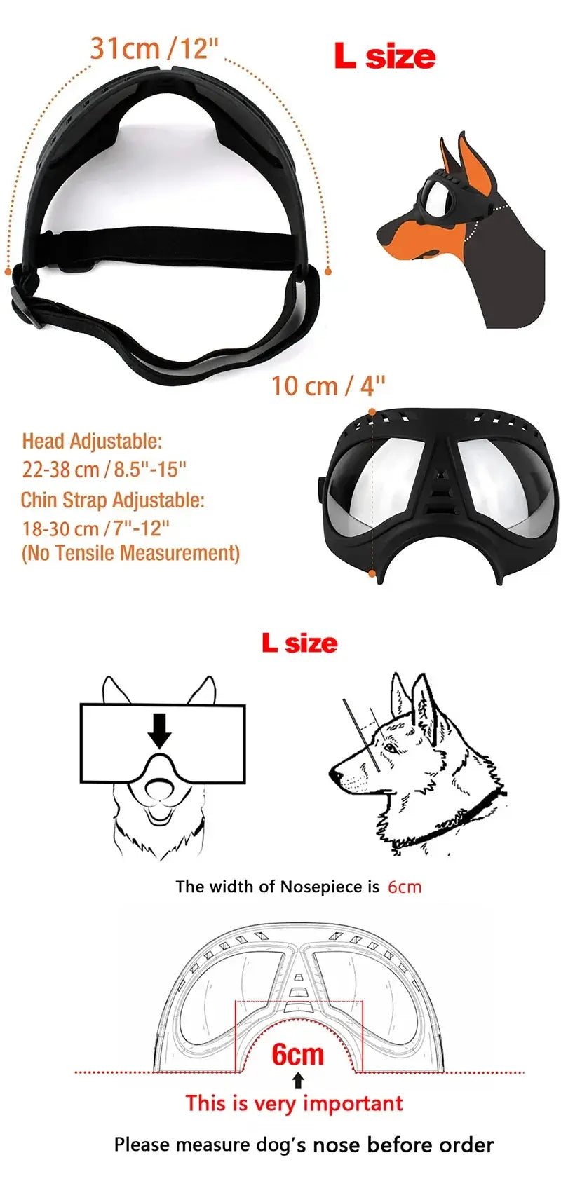 dog sunglasses with UV protection size chart for large dogs, adjustable black pet goggles for swimming and skating
