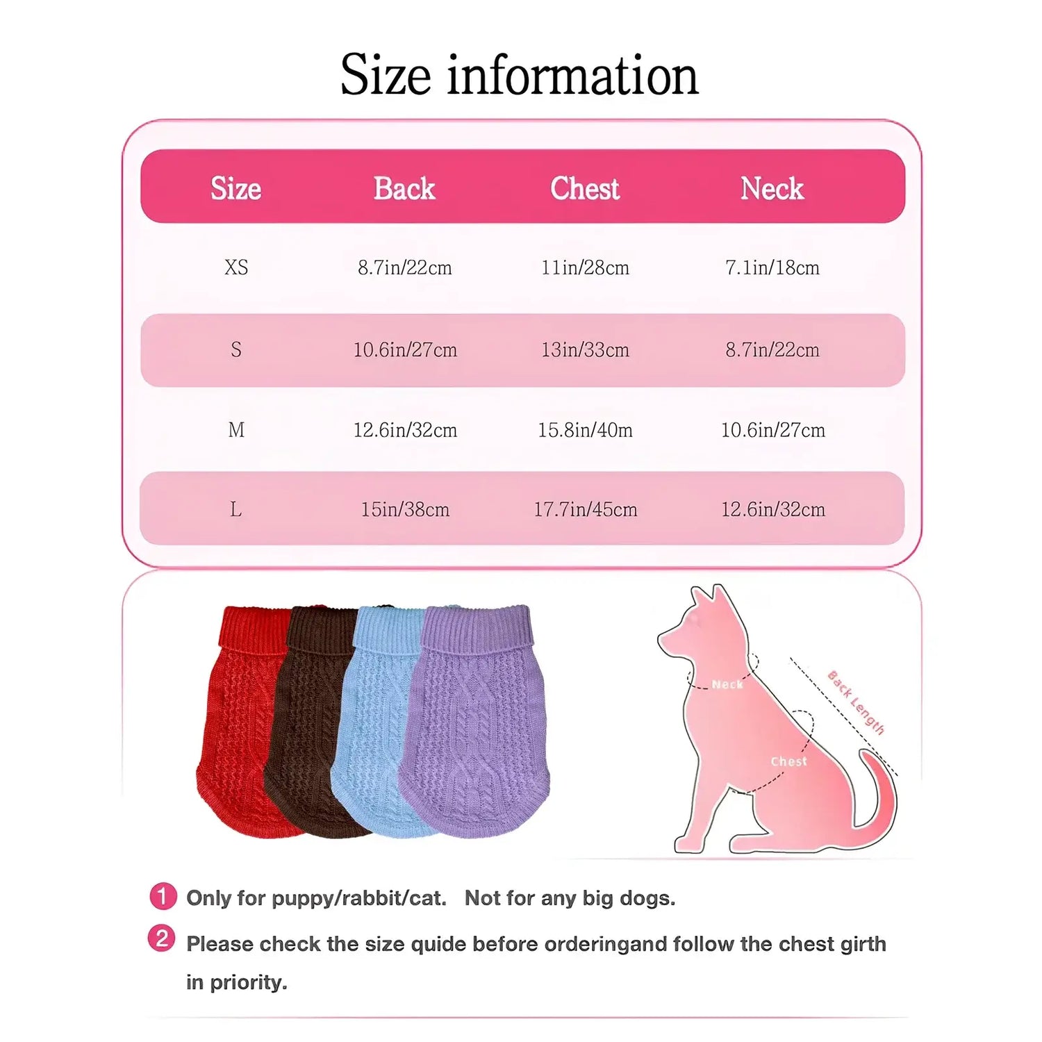 dog winter sweater size chart with back, chest, and neck measurements for puppies, rabbits, and cats