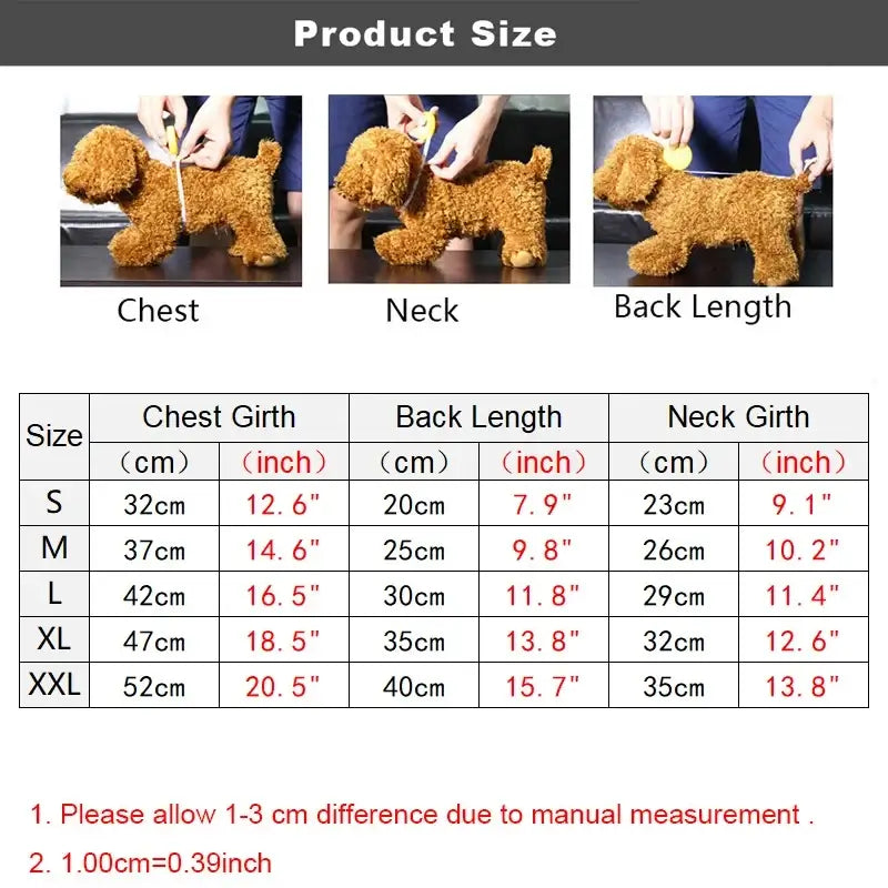 small dog fleece sweater size chart for chest, neck, and back length measurements