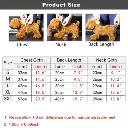 small dog fleece sweater size chart for chest, neck, and back length measurements