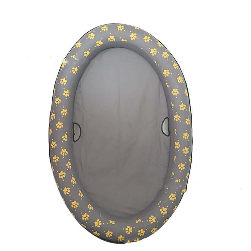 inflatable dog swimming pool float with grey color and yellow paw print design for pets relaxation in summer.