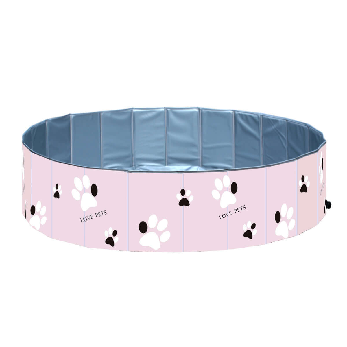 Portable dog swimming pool tub featuring a round design with paw prints and a blue interior for pets.