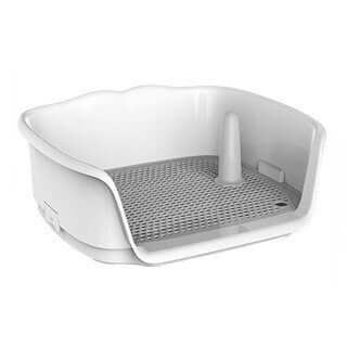 Small dog toilet bedpan in white and grey color with removable grid and urine storage feature.