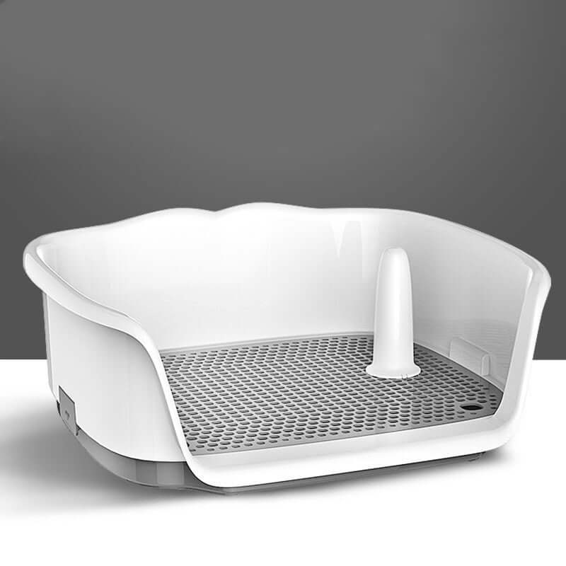 small dog toilet bedpan in white and gray with removable grid for easy cleaning