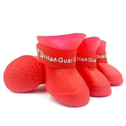 Red dog waterproof rain boots with anti-slip rubber sole and adjustable strap for small, medium, and large dogs
