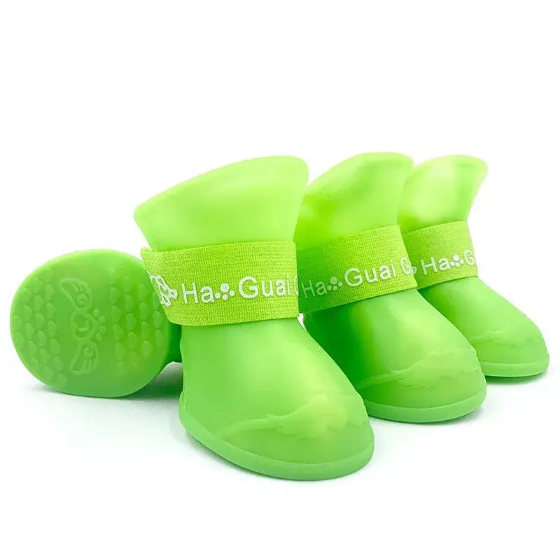 Green dog waterproof rain boots with anti-slip rubber soles for small, medium, and large dogs, 4-piece set