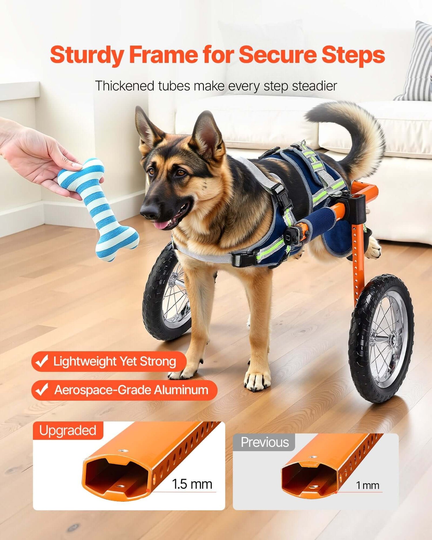 Lightweight dog wheelchair for back legs; sturdy frame; dog cart for injured dogs with adjustable components.