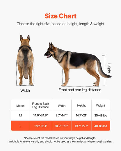 Size chart for lightweight dog wheelchair for back legs, showing size options based on dimensions for pet selection.