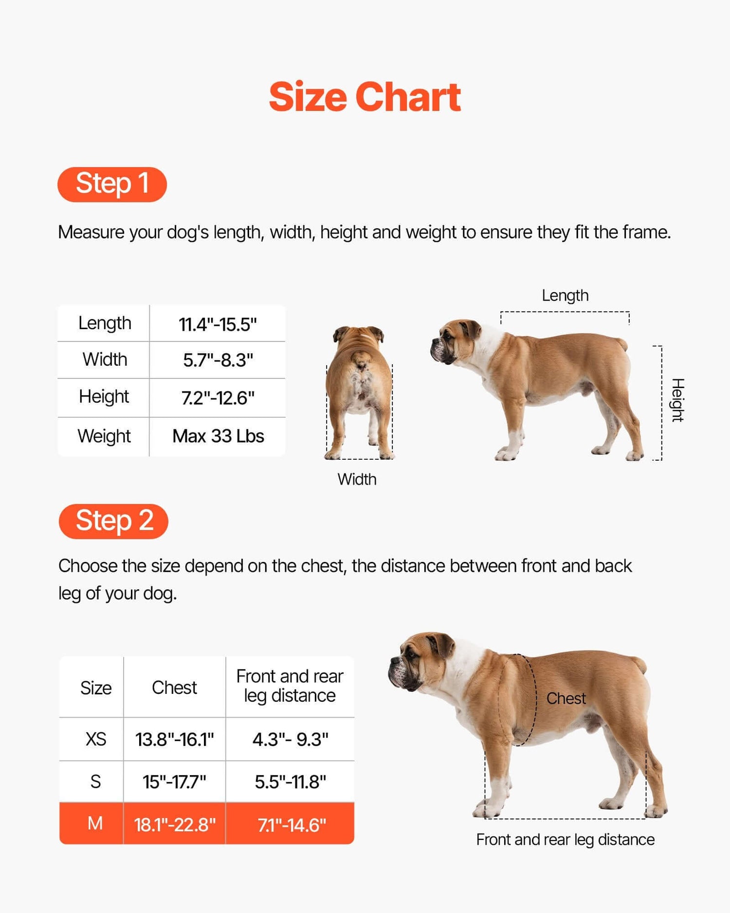 Size chart for adjustable dog wheelchair for back legs, detailing measurements for length, width, height, and weight.