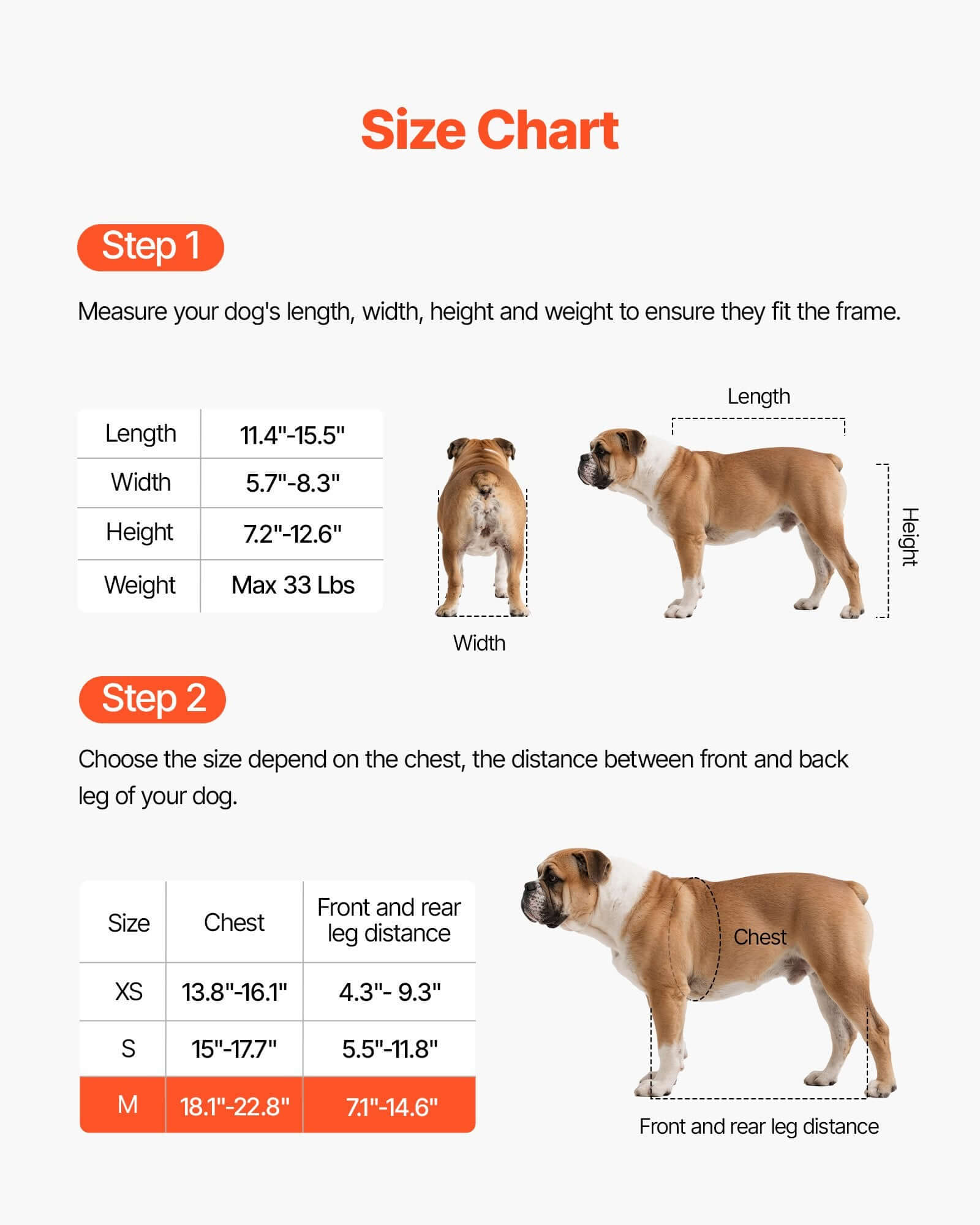 Size chart for adjustable dog wheelchair for back legs, detailing measurements for length, width, height, and weight.