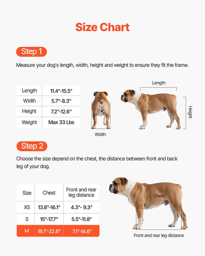 Size chart for adjustable dog wheelchair for back legs, detailing measurements for length, width, height, and weight.