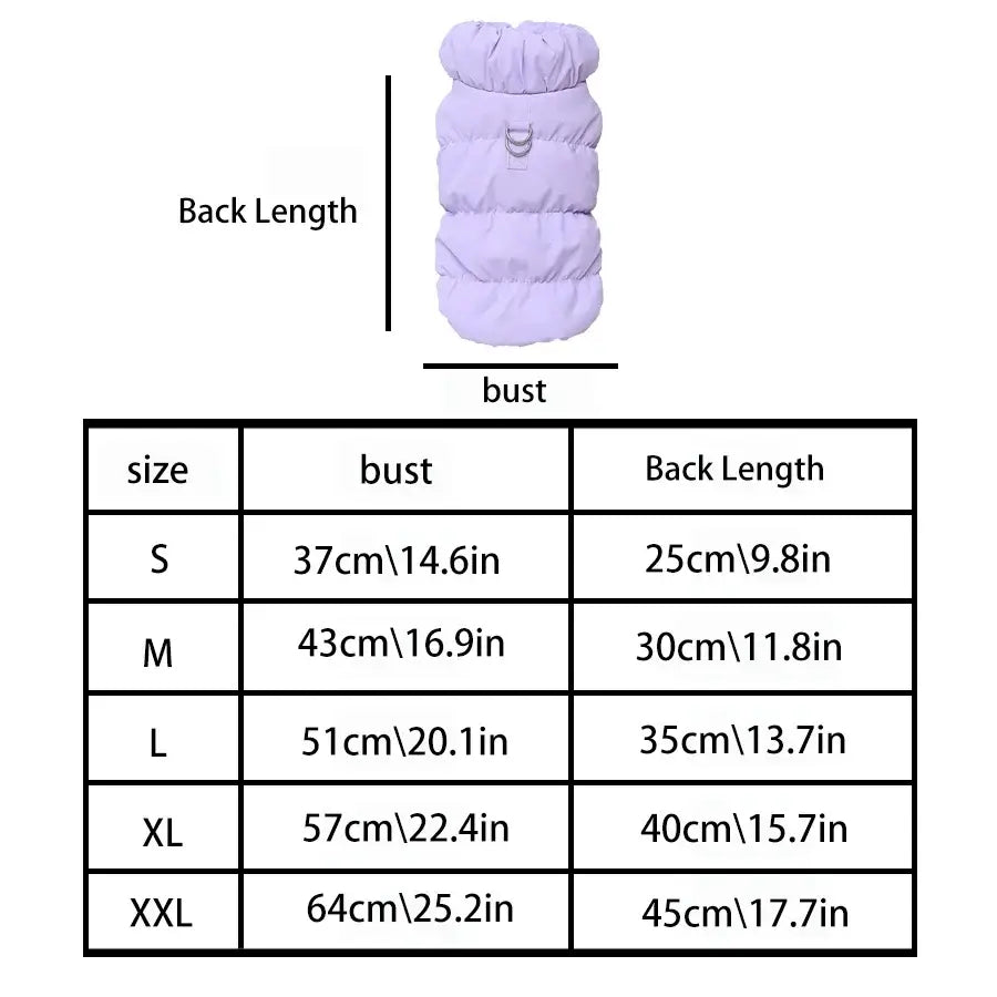 Cotton dog jacket size chart showing back length and bust measurements for medium-sized dogs, warm winter pet clothes