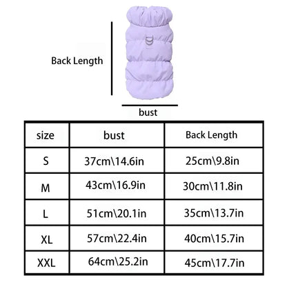 Cotton dog jacket size chart showing back length and bust measurements for medium-sized dogs, warm winter pet clothes
