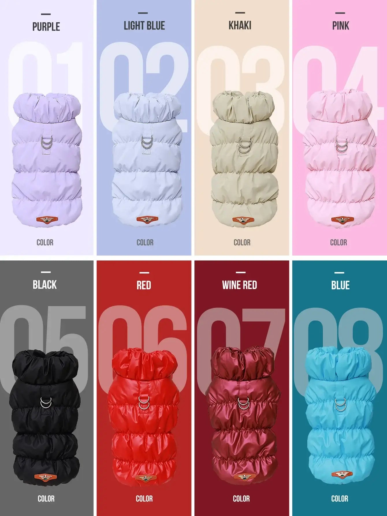 dog winter coat in purple, light blue, khaki, pink, black, red, wine red and blue for small to medium dogs
