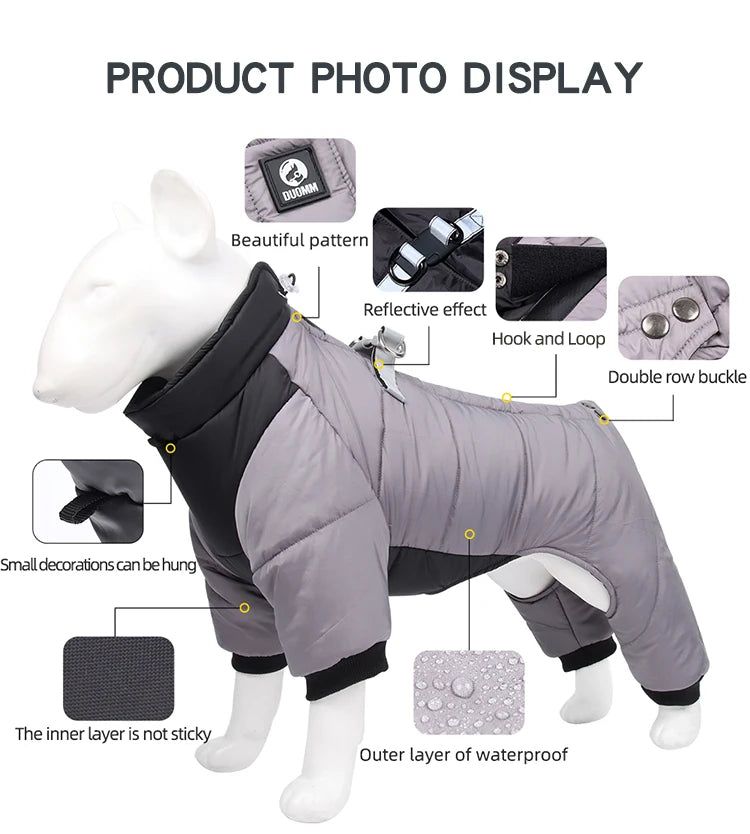 Dog Clothes Four Feet Clothing Warm Winter Coat Reflective Rainproof Dog Clothes Windproof Overall for Dogs Pet Cotton Clothes displayed on a mannequin.