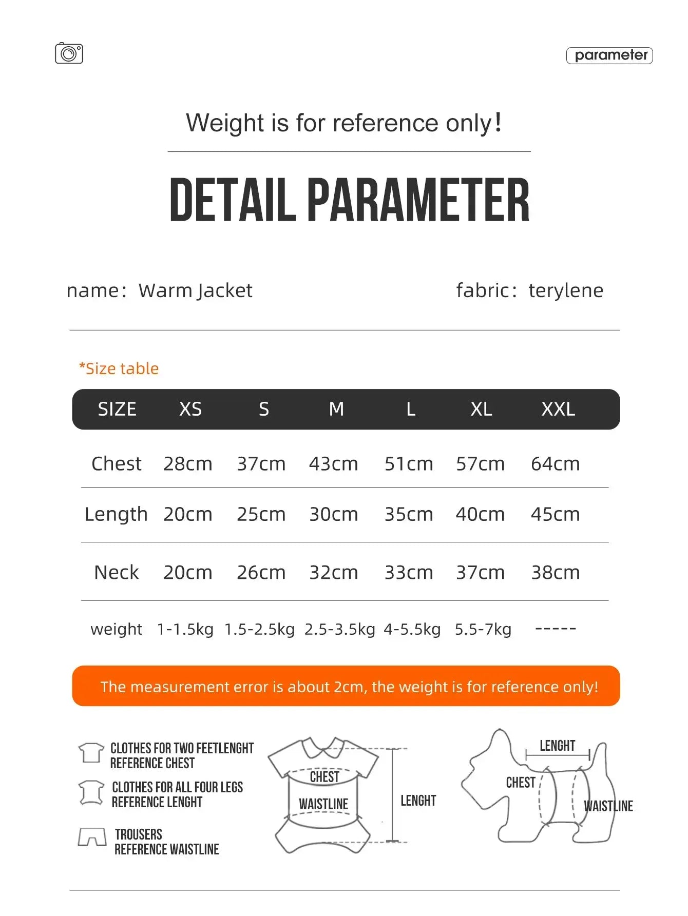Dog winter coat size chart for warm jacket, 3-layer thick pet outerwear for small to medium dogs, poodle, teddy, york