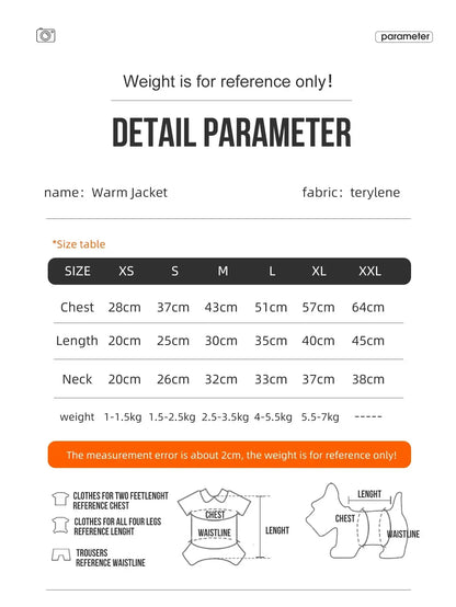 Dog winter coat size chart for warm jacket, 3-layer thick pet outerwear for small to medium dogs, poodle, teddy, york