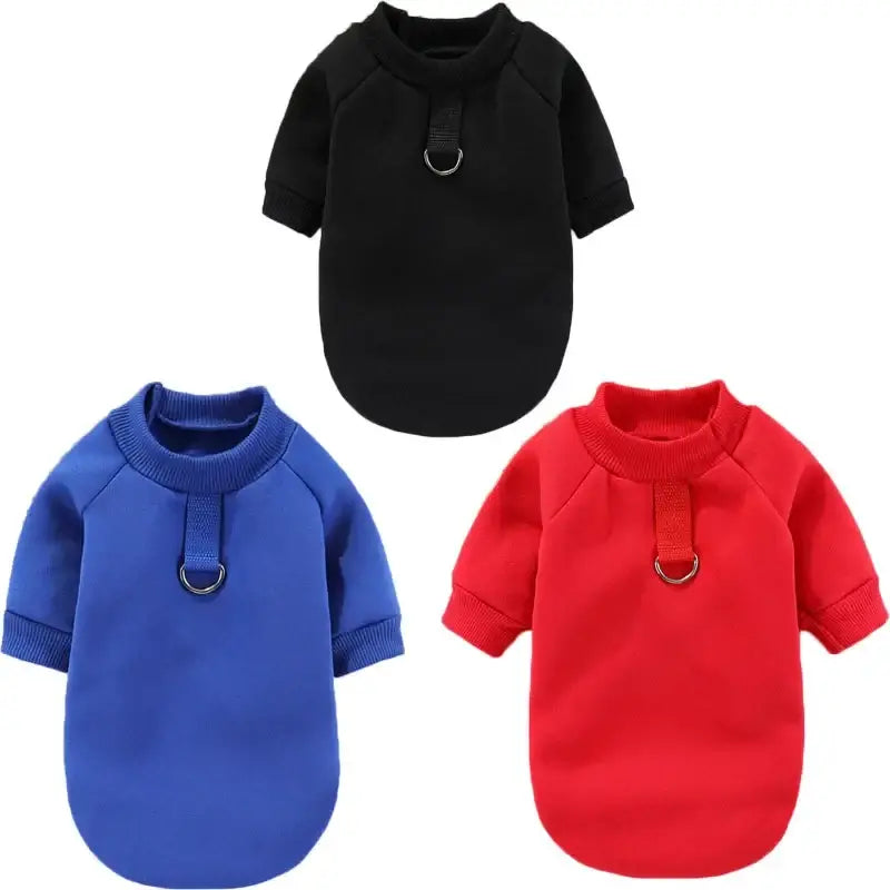 Dog winter hoodie for small dogs, solid pet sweatshirt in black, blue, and red, warm winter clothing for puppies