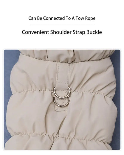 Beige cotton dog jacket with shoulder strap buckle and tow rope connection for medium-sized dogs, warm autumn-winter wear