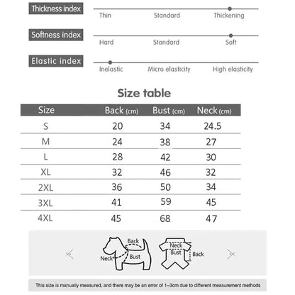 waterproof dog winter jacket with harness size chart for dogs with back, bust, and neck measurements