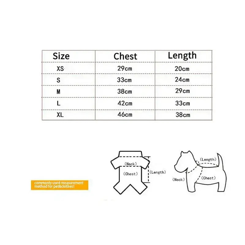small dog winter jacket size chart for XS to XL with chest and length measurements for dogs and cats