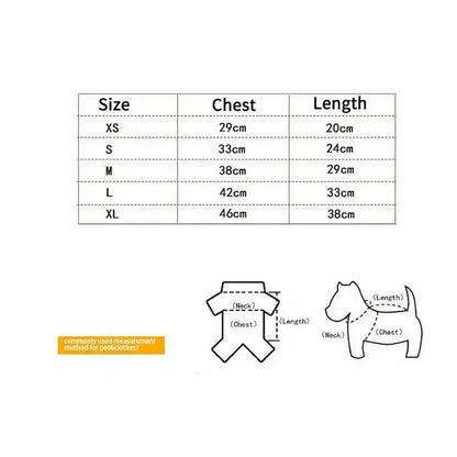 small dog winter jacket size chart for XS to XL with chest and length measurements for dogs and cats