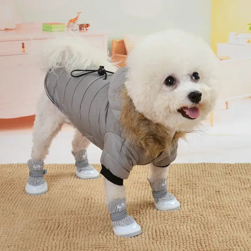 small dog winter jacket for French Bulldog Chihuahua in warm gray pet coat with boots