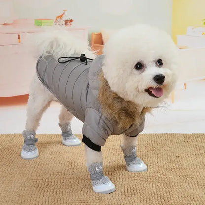 small dog winter jacket for French Bulldog Chihuahua in warm gray pet coat with boots