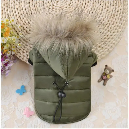 small dog winter jacket with fur hood, green warm pet coat for puppy, French Bulldog, Chihuahua, cat, rabbit