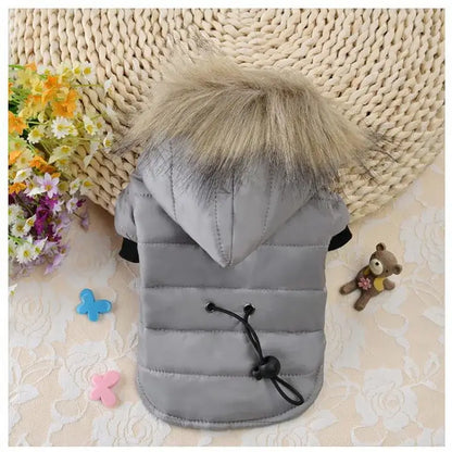 small dog winter jacket gray hooded pet coat with fur trim for dogs, cats, and puppies in cold weather