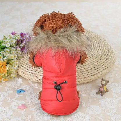 small dog winter jacket red faux fur hooded pet coat for small dogs, puppies, cats, and rabbits