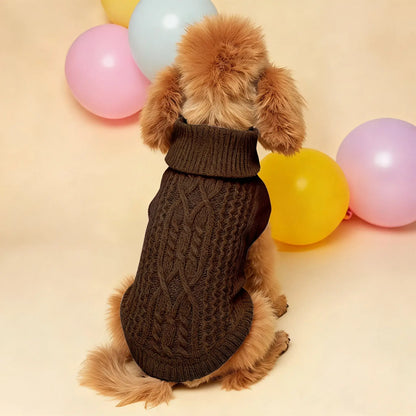 Dog winter sweater for small dogs, soft brown knitted pet clothing with warm turtleneck design