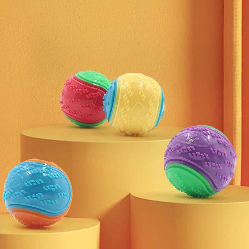 Dogs Interactive Toys Soft TPR Toys for Dog Pet Teeth Cleaning Bite Resistance Squeaky Dog Ball Toy in colorful display.