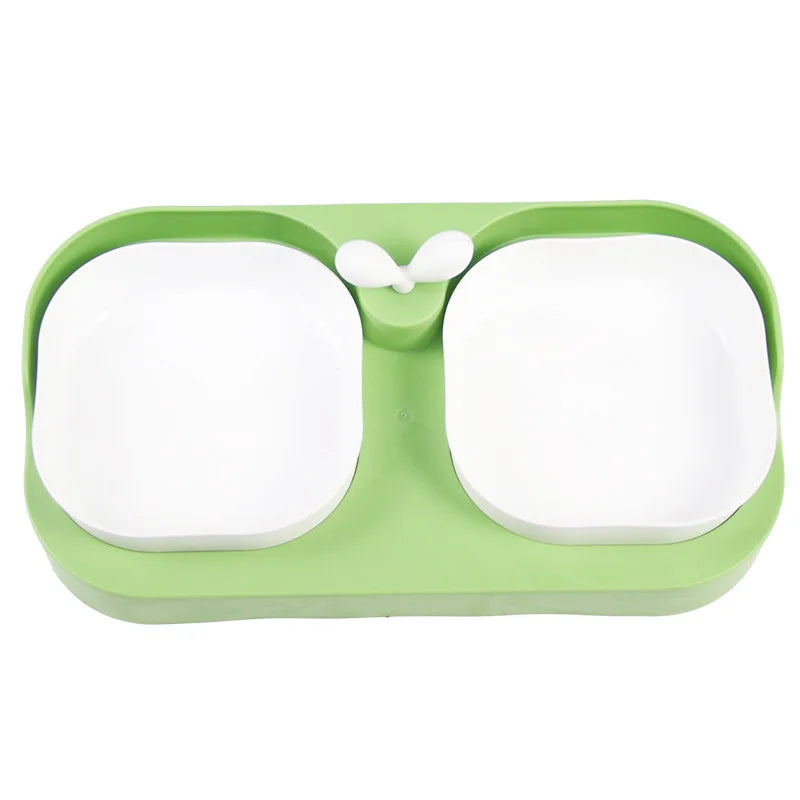 Double Pet Bowls Set for Dogs - Durable Non-Slip Food Water Feeder Dish Pet Supplies in green and white design.