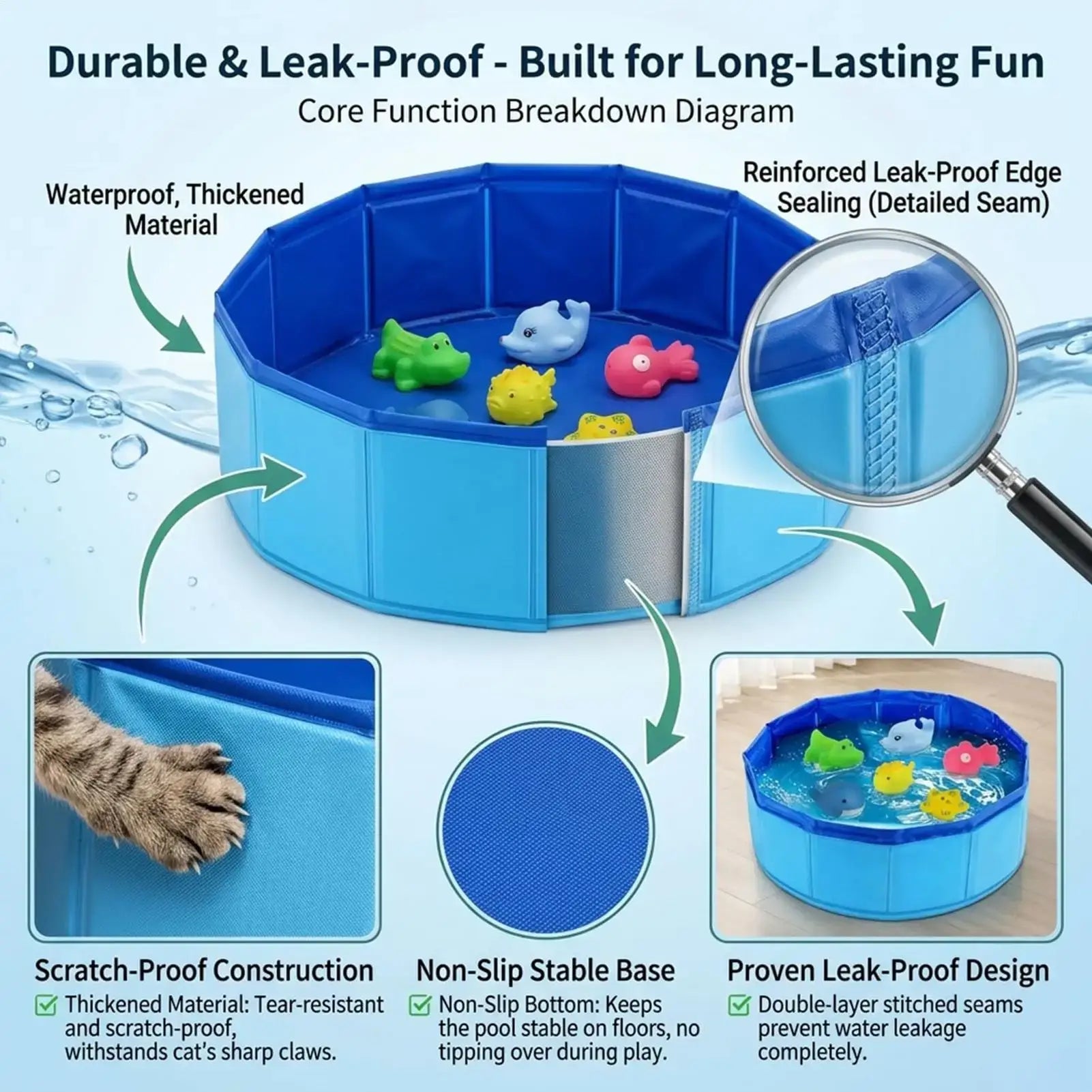 Durable and leak-proof foldable dog bathing pool with thick material and scratch-proof features, perfect for pet water fun.